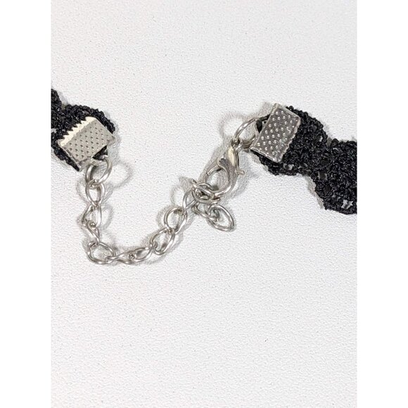 Silver Tone Black Crochet Crystal Charm Choker Necklace 16 in Gothic Retro - Picture 7 of 8